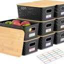 Anysig 8 Packs Plastic Storage Bins with Bamboo Lids  Stackable Storage Bins Decorative Small Basket Containers for Organizing Shelves Office Classroom Desktop Closet, Black
