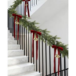 Suncalla 17 Extra Long Christmas Artificial Cedar Pine Cypress Garland with Ribbons and Bells Christmas Real Touch Pine Decorations for Stairs Indoor Outdoor Wall Table Mantel Fireplace Xmas Decor