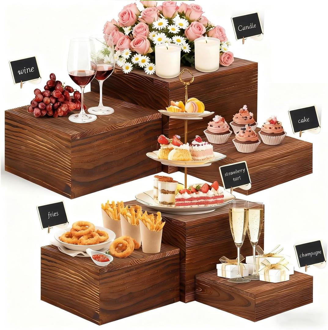 6 Pack Wooden Risers Display Stands, Rustic Wood Cake Stands & Cupcake Stands for Party, Square Food Risers for Buffet Table, Wood Crates for Home Decor, Wedding, Birthday (Brown, 6 Pack)