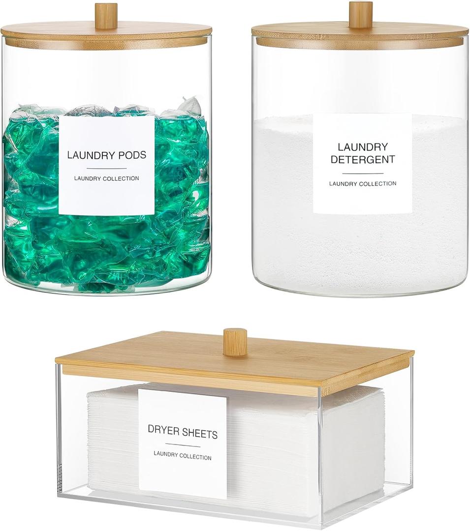 3 Pack Glass Jars and Acrylic Dryer Sheet Holder, Laundry Pods Container with Bamboo Lid and Measuring Cups for Laundry Room Organization, Powder Detergent Containers (White)
