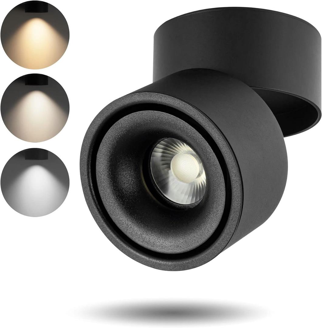 LED Dimmable Ceiling Spotlight 12W 3CCT 3000K/4000K/5000K Adjustable Indoor Directional Spotlight Fixtures for Room Living Hallway Gallery Art Light,CRI93 1200LM (Black)