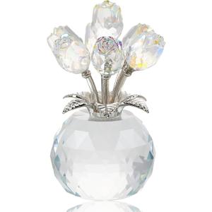 Crystal Clear Rose Bouquet Figurine with Round Vase, Glass Rose Flower Romantic Gifts for Women Mom on Birthday, Collectible Decoration Table Centerpiece for Home
