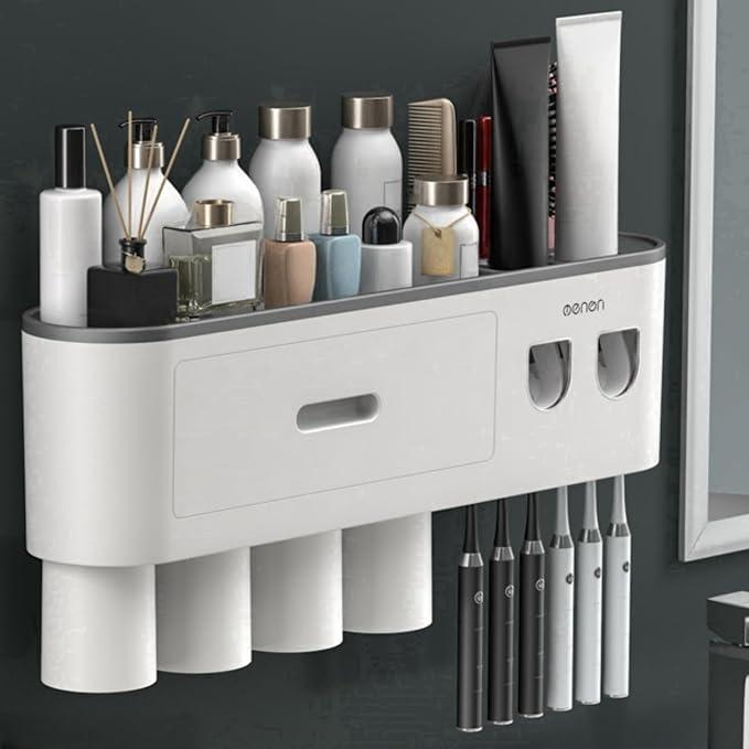No-Drill Wall Mounted Toothbrush Holder, Bathroom Shelf, with Automatic Toothpaste Dispensers 6 Brush Hooks Magnetic Cups 1 Cosmetic Drawer Organizer and Large Storage (2 Dispensers 4 Cups)