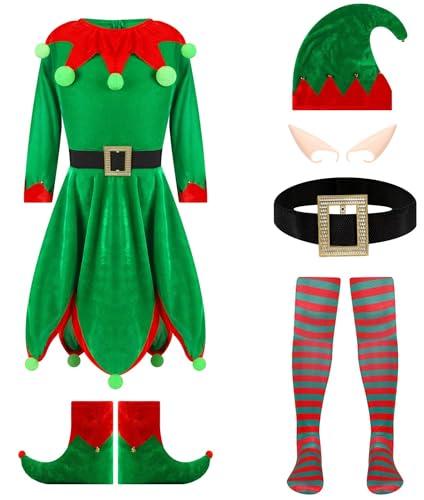 XJDABXD Elf Costume for Girls Christmas Holiday Dress Up Outfit Santa Little Helper Suit Hat Ear Belt Socks Cosplay Set (Green, 90cm)