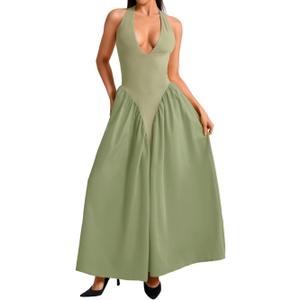 ChiaoLezhee Deep V Neck Dress Halter Maxi Dresses Vacation Date Night Sexy for Women Corset Flowy Wedding Guest Drop Waist Bridesmaid Formal A Line Backless Tea Garden Party Pastel Sage Green, Large