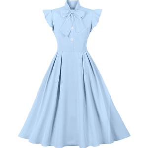 Women Short Sleeve Tie Neck Vintage Cocktail Party Dress Buttons Down 50s Flared A-Line Casual Office Work Prom Swing Dress (Medium, Lake Blue)