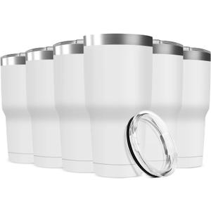 30oz Stainless Steel Travel Mug with Lid, 6 Pack Double Wall Vacuum Insulated Bulk Tumbler, Powder Coated Coffee Cup Suitable for Vehicle Cup Holders(White)