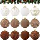 Suzile 12 Pcs Large Velvet Christmas Ball Ornaments, 4 Inch Brown & White Flocked Christmas Tree Ornament Shatterproof Hanging Xmas Ball Bulbs for 2025 Xmas Tree Home Decorations