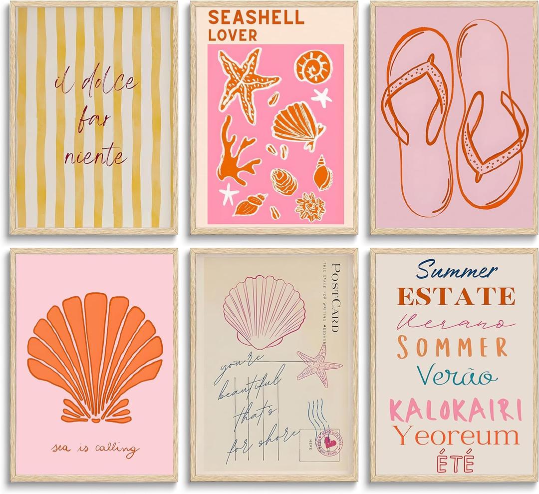 2 x Pink Beach Preppy Canvas Wall art Summer Starfish Shells Postcard Pictures Paintings Pre-College Students Vacation Aesthetics Posters Prints for Girls Apartment Dorm Home Bathroom Decoration Unframed (8x10Poster)