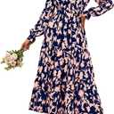 BTFBM Women Fall Dresses 2025 Casual Long Sleeve V Neck Maxi Dresses Floral Boho Long Dress Wedding Guest Dress (S)