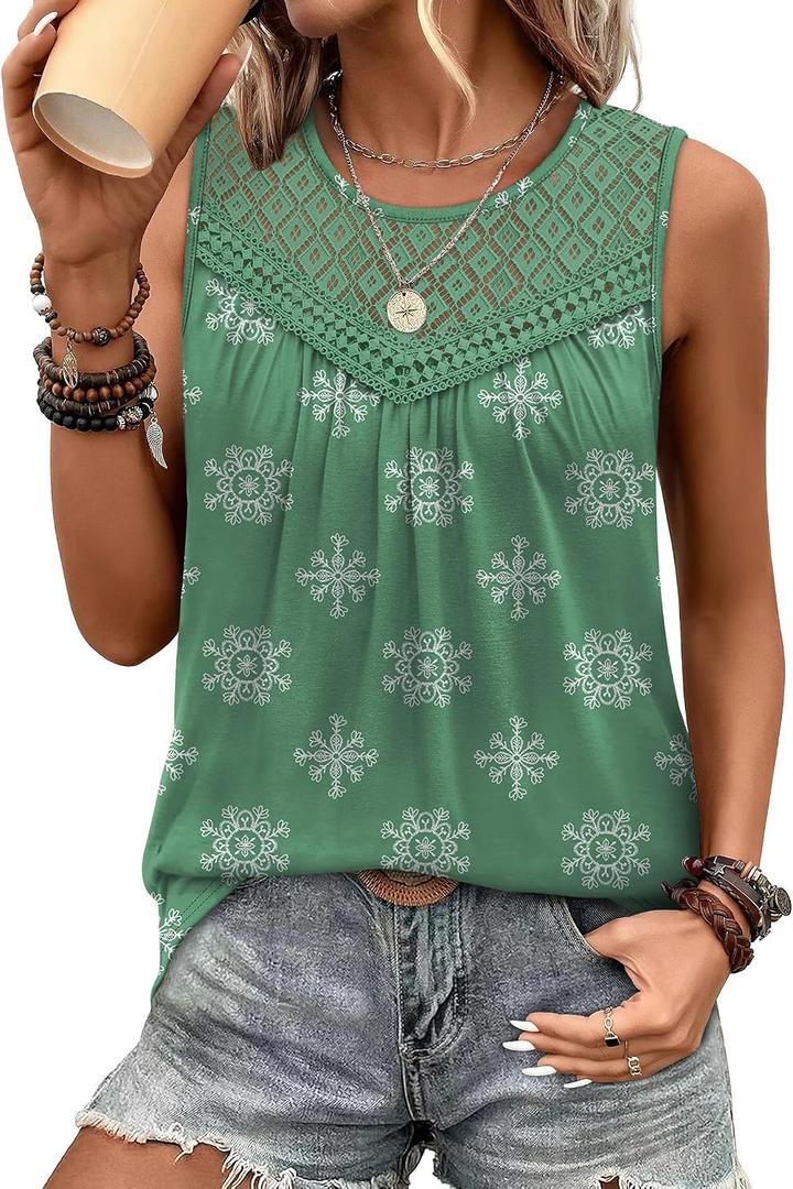XIEERDUO Womens Tank Tops Sleeveless Lace Crochet Boho Tops Loose Fit Pleated Tunics Crewneck Summer Vacation Outfits Flowy (Green, XL)