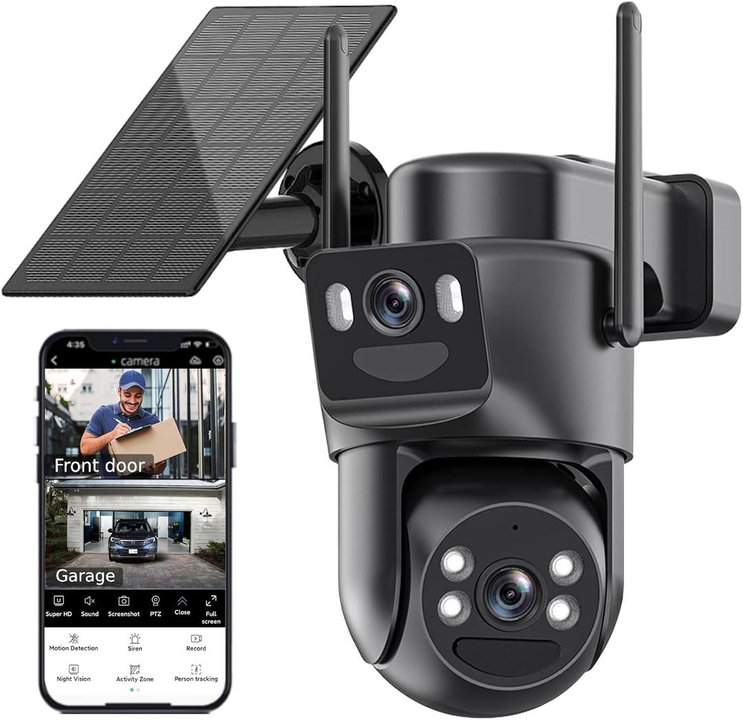 Kurain Dual Lens Solar Security Cameras Wireless Outdoor, 5G/2.4G WiFi 6, 360 View Pan/Tilt Home Security Camera with 6MP Color Night Vision, Motion Detection, Human Tracking, Spotlight Siren (Black)
