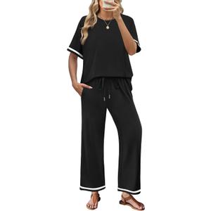 Sampeel 2 Piece Sets for Women Casual Summer Travel Vacation Outfits Short Sleeve Lounge Set (Large, Black)