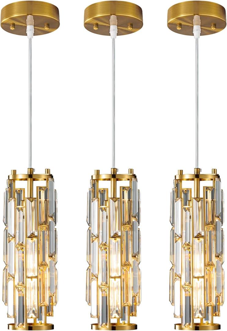 LMQNINE Pendant Lights Modern Gold Pendant Light Mini Crystal Chandelier Pendant Lighting for Kitchen Island Dinning Room Bedroom Kitchen Sink Lighting (Gold 3-Pack)