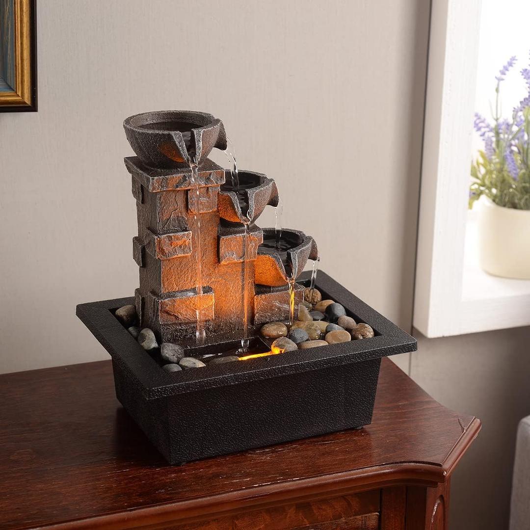 GOSSI Home Dcor Imitation 3-Tier Stone Wall Tabletop Fountain Many Natural River Rock Office Relaxing Desktop Zen Waterfall Meditation Tabletop Fountain LED Lights Fountain Christmas Decorations