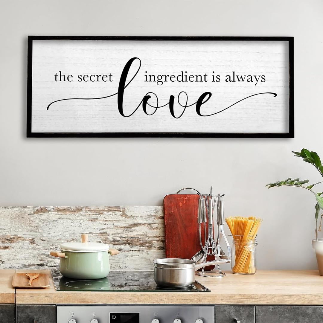 TQianJiang Kitchen Wall Decor The Secret Ingredient Is Always Love Sign 32"12" Heartwarming Quote for Dining Room Mother's Day Large Farmhouse Rustic Wood Framed Wall Plaque Hanging Art (Black)