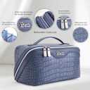 BOYATU Travel Makeup Bag Cosmetic Bags for Women: 3 Pcs Set Large Capacity Make up Bag with Handle - Crocodile Pattern Vegan Leather Toiletry Bags Travel Essentials with Compartments(E-3-Blue)