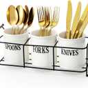 Bekith 3-Piece White Ceramic Silverware Caddy with Black Metal Rack, Utensil Holder Flatware Caddy Cutlery Storage Organizer for Kitchen Table, Cabinet or Pantry