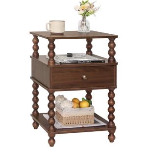 AWASEN Mid Century Modern Nightstand, Bedside Table with Storage, 3-Tier Small Night Stand End Table with Drawer for Bedroom &Solid Wood Spindle Legs, Walnut Brown, 11.8" x 15.75" x 23.6"