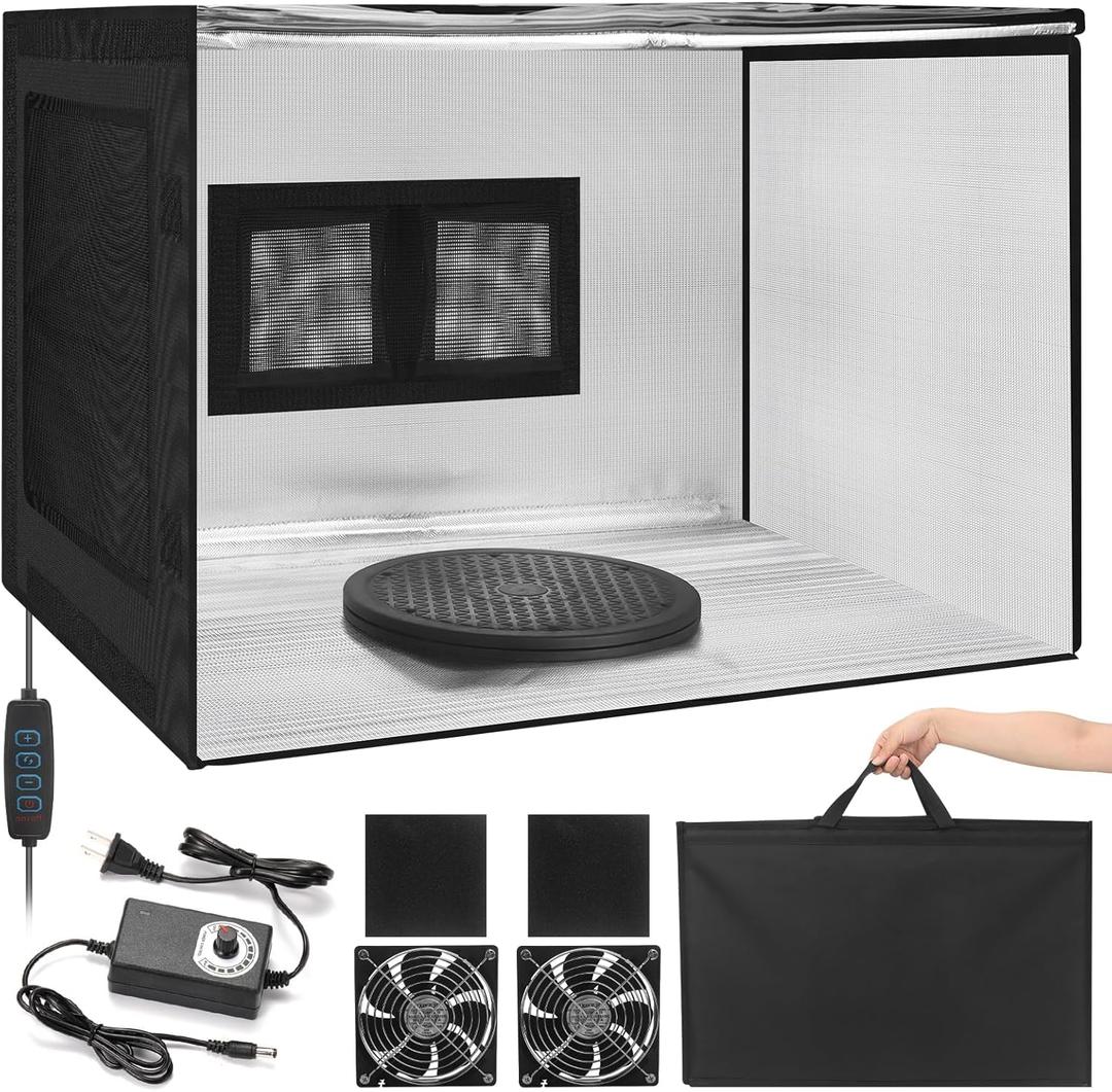 Portable Airbrush Spray Booth with Dual-Fan Ventilation & 3-Color Shadowless LED Light, Large Foldable Hobby Paint Booth Kit with Turntable & Exhaust Hose for Models, Crafts, and Miniature Painting