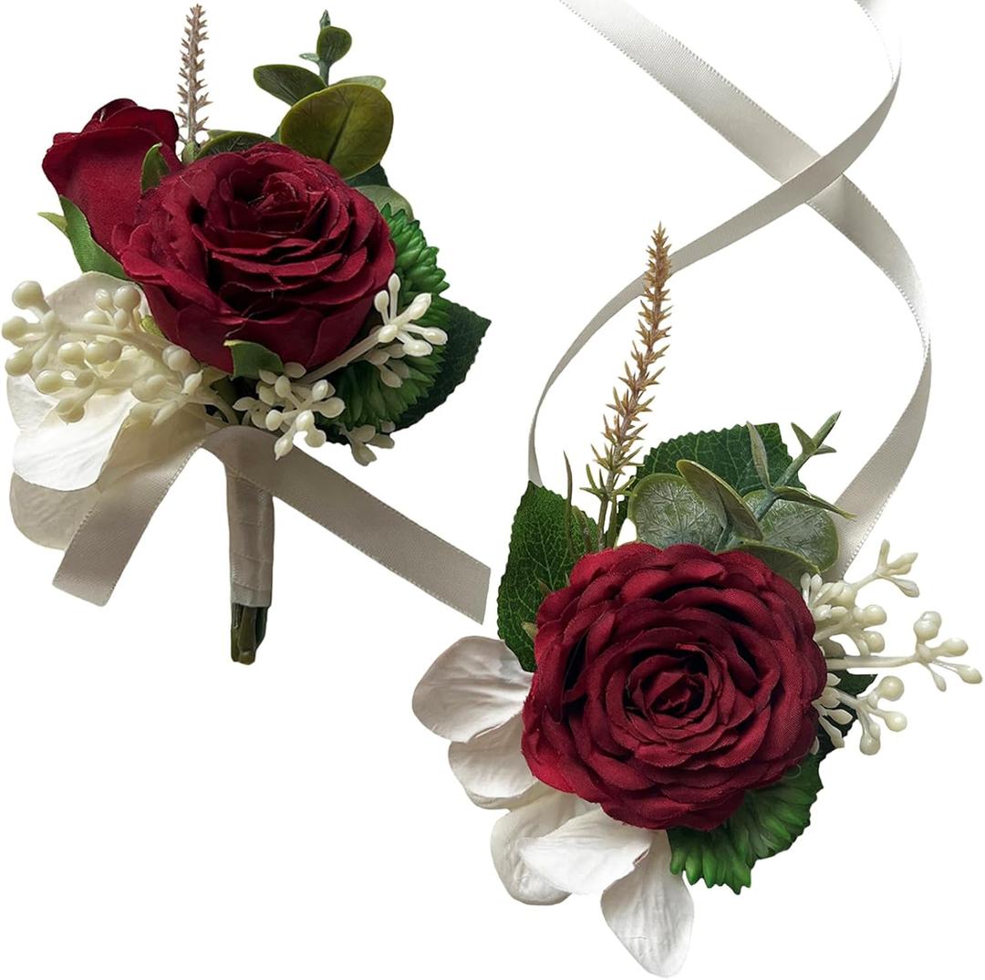 MAFELOE Artificial Wrist Corsage Boutonniere Set for Groom Bride Groomsmen Bridesmaids, Corsage Wristband Men Boutonniere Wedding Party Prom Suit Decorations - Burgundy 2Pcs