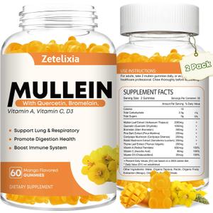 Mullein Gummies for Clear Lungs, 10 in 1 Mullein Leaf Extract for Lungs, Mullein Quercetin Gummies for Lung Cleanse, Respiratory, Immunity, Mango Flavor, 120 Count