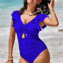 Sovoyontee Women's Ruffle One Piece Swimsuit Tummy Control Bathing Suits Drawstring Cutout V Neck Swimwear (Blue, S)