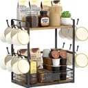 Coffee Mug Rack with 12 Hooks, 2-Tier Coffee Cup Holder with Shelf and Storage Basket, Kitchen Mug Organizer for Bar Kitchen Dco