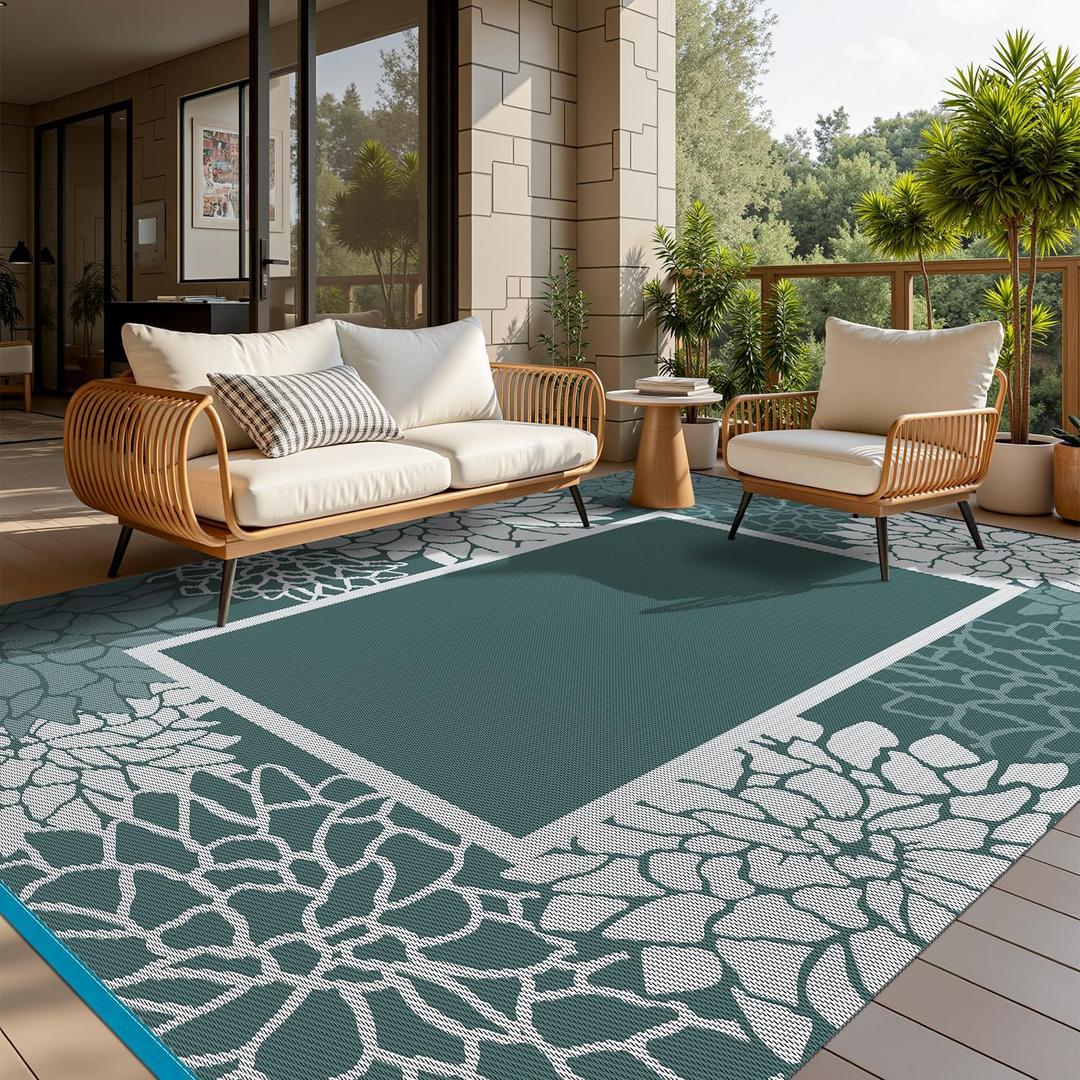 COCOER Floral Outdoor Rug 8x10 Reversible Waterproof Patio Rug - Quick Dry - Comfortable & Soft - Suitable for All Weather - Easy Clean (Tealwhite)