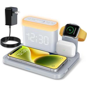ANJANK Wireless Charging Station with Alarm Clock & Night Light,Magnetic 5 in 1 Charger Stand for Multiple-Device,Charging Dock for iPhone 17 16 15 14 13 12 Pro Max Plus,Apple Watch,Airpods,Nightstand (Grey)