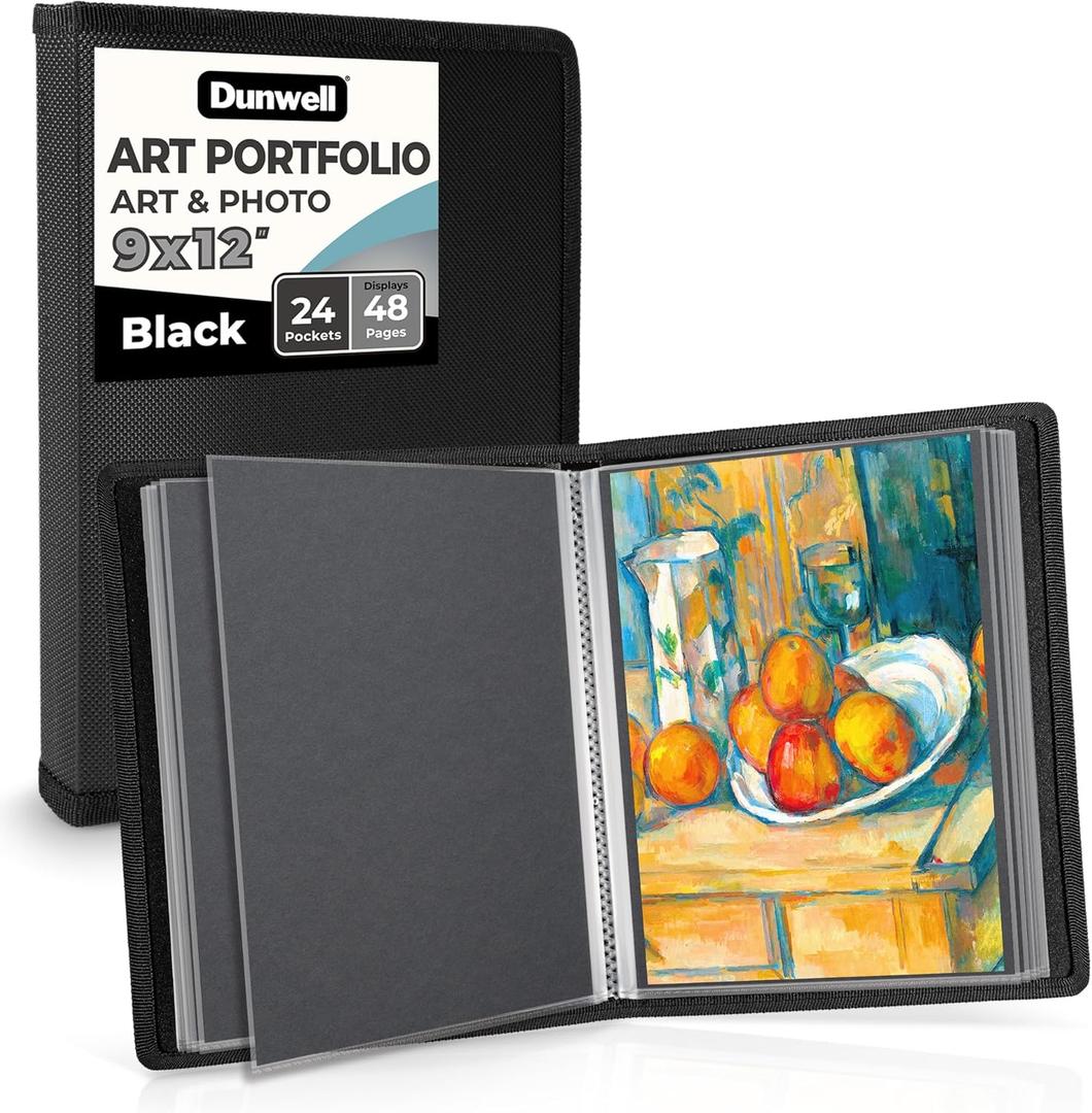 Dunwell 9x12 Art Portfolio Binder, Black Mounting Paper, Portfolio Binder for Artwork, 9 x 12 Art Folder, 24 Pockets Display 48 Pages, Acid-Free Poly Presentation Book