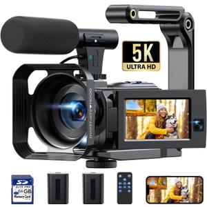 5k Video Camera Camcorder 56MP Dual Lens Cam Corder with WiFi IR Night Vision YouTube Camera,16X Digital Zoom Touch Screen Video Recorder with 64GB SD Card, Tripod, Remote Control, 2 Batteries
