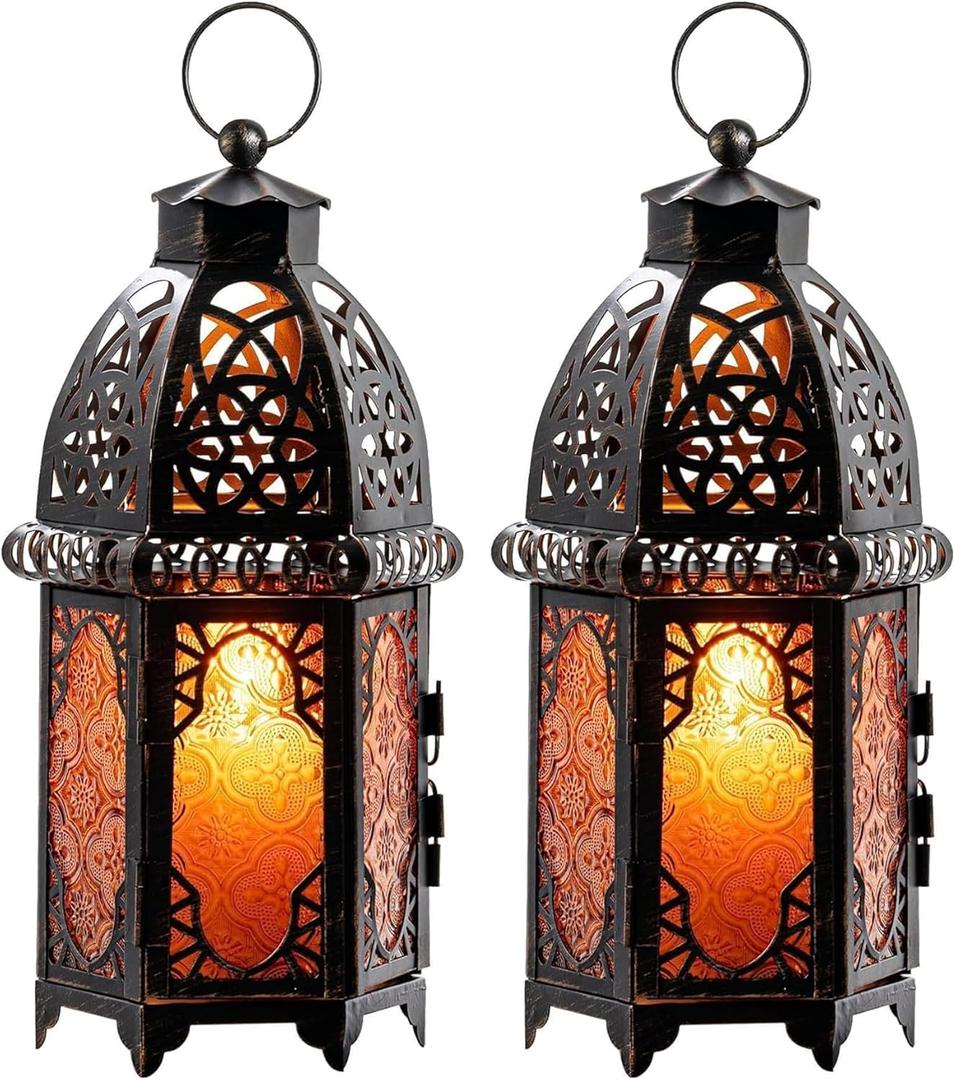 Set of 2 Vintage Large Decorative Moroccan Candle Lantern, 12.8 Metal Hanging&Tabletop Lantern Candle Holder Decor, Christmas Decorations Indoor Outdoor Patio (Amber) Ramadan Decorations