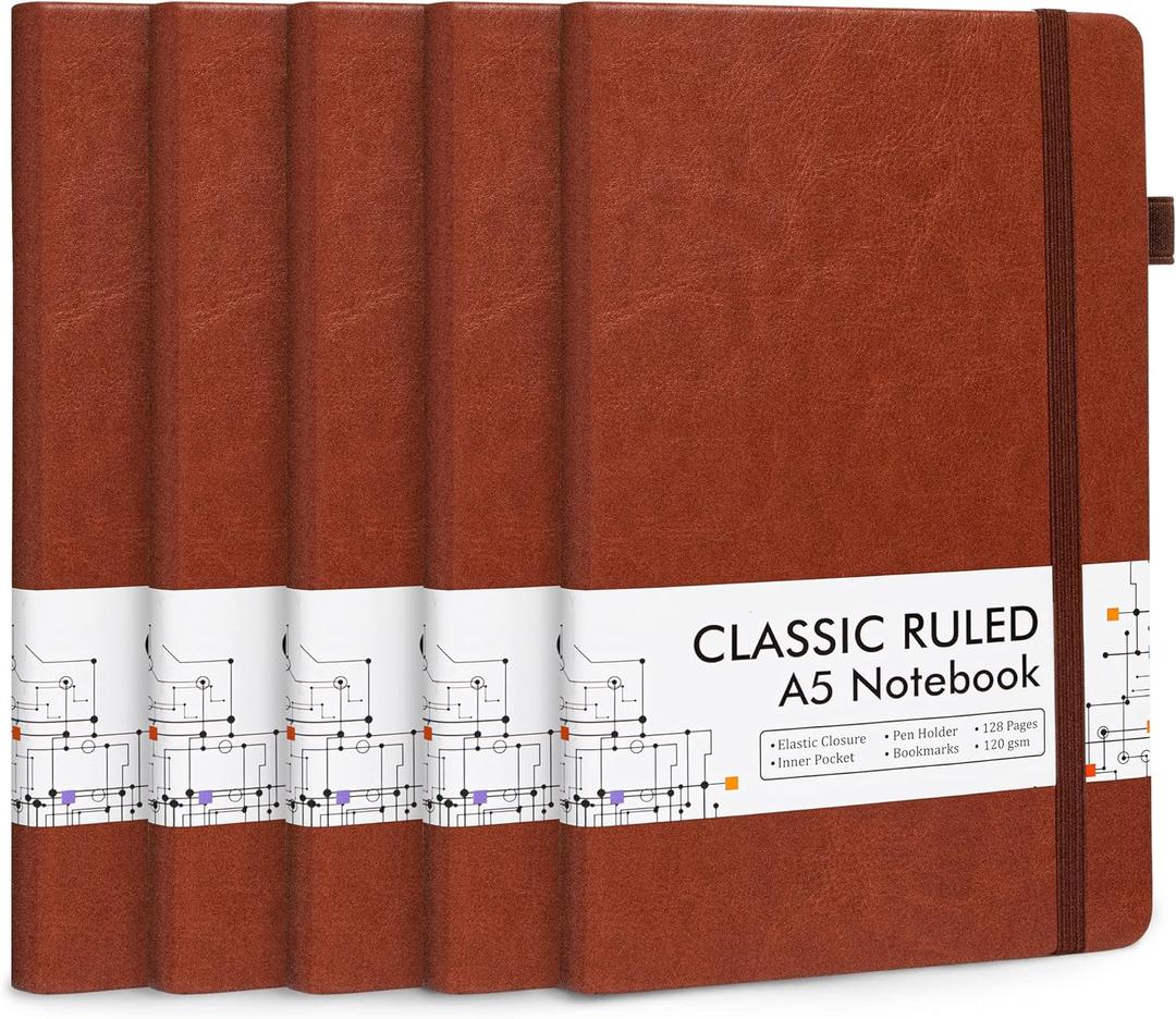 5 Pack Journal Notebook Bulk for School, Feela Hardcover Business Notebooks Classic Ruled Lined Journals with Pen Holder for Work Note Taking, with 5 Black Pens, 120 GSM, 5.1x8.3, A5, Brown