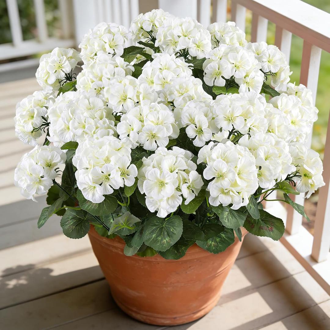 Artificial Geranium Flowers for Outdoors, 6 Bundles Realistic Silk Fake Geranium, No Fade Faux Plants for Hanging Baskets, Window Boxes, Pots - Porch, Patio, Balcony Decor(White)
