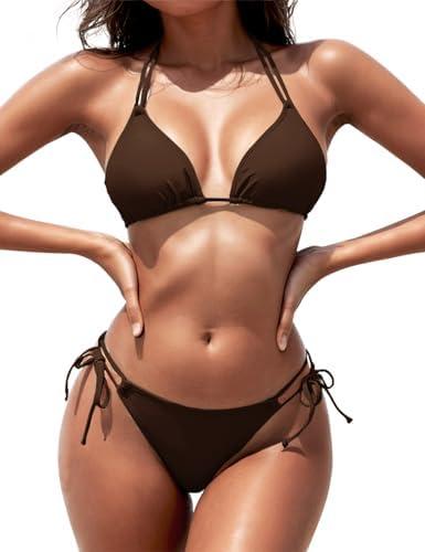 Zuvebamyo Women's Triangle Bikini Sets Two Piece Double Straps Halter Swimsuit Tie Side String Cheeky Bathing Suits, S