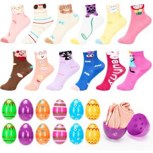 Easter Socks for Girls 3-8 Years Old, 12 Pairs Bunny Socks with 12 Plastic Eggs, Perfect Easter Basket Stuffers Gifts