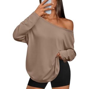 Trendy Queen Womens Off The Shoulder Tops Oversized Tshirts One Shoulder Long Sleeve Fall Outfits 2025 Casual Basic Tees Asymmetrical Fashion Clothes (Khaki, M)