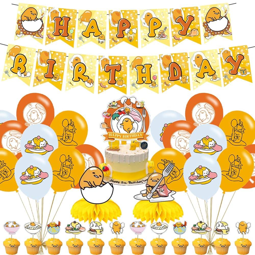 Gudetama 32Pcs Birthday Party Supplies Set - Favors, Cake Topper, Cupcake Toppers, Banner, Balloons for Kids Gudetama Birthday Party Decorations