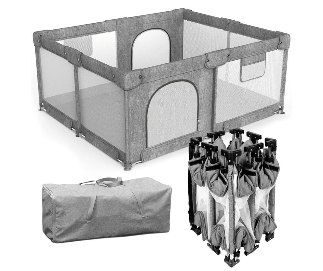 PATYWAGA Foldable Baby Playpen with Gate, Extra Large Collapsible Play Yard for Babies & Toddlers, Portable Travel Play Pen with Fence, Safe Activity Center for Indoor & Outdoor Use (59"×71" Grey)