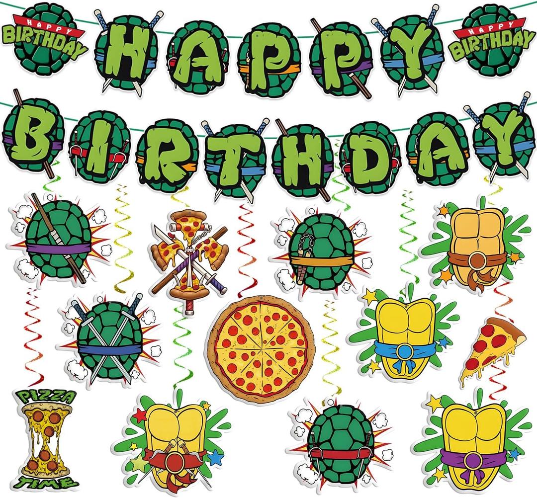 Birthday Decorations Set Include Banner and Hanging Swirls Green Happy Birthday Banner, Pizza and Turtle Pattern Double-sided Cutouts with Hanging Swirls Indoor Outdoor
