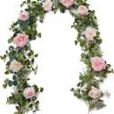 Anna's Whimsy 5.91FT Artificial Eucalyptus Garland With Flowers, Fake Rose Gypsophila, Faux Floral Greenery for Wedding Spring Party Art Table Runner Decor (Pink, 1)