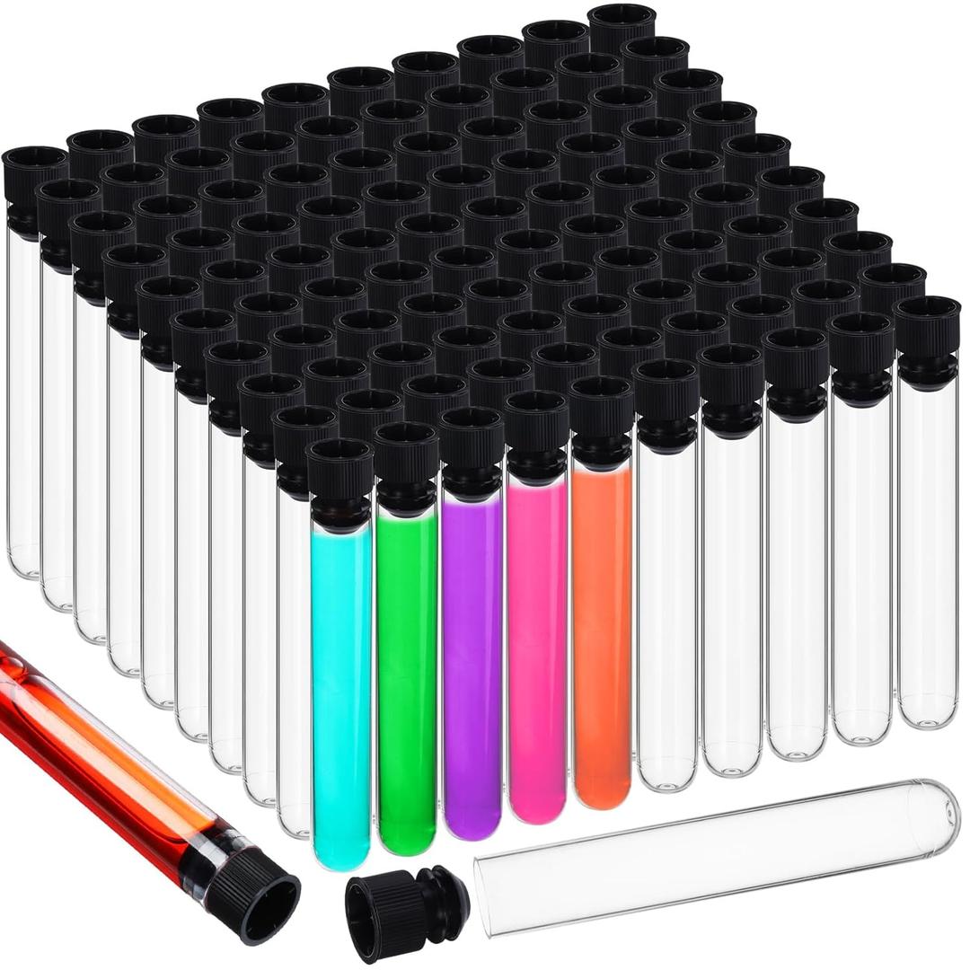 100 Pcs Plastic Test Tubes Clear 16 x 100mm Test Tube with Caps for Lab Plastic Vials Joint Container for Plants Beads Party Nurse Halloween Party Favors Decorations(Black)