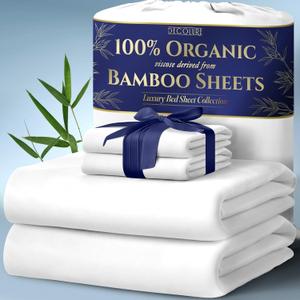 DECOLURE 100% Organic Viscose Derived from Bamboo Sheets King Size 4pcs - Ultra Soft & Luxuriously Cooling, 17" Deep Pocket, Double Stitching, Perfect for Hot Sleepers - King Bed Sheets (White)