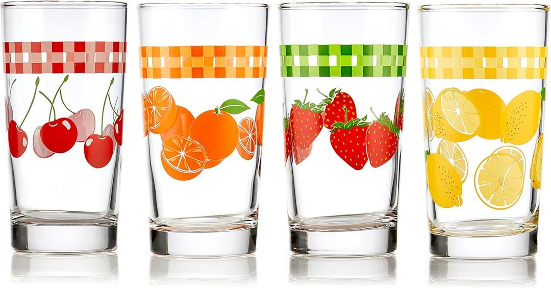 Libbey Vintage Juice Drinking Glasses Set of 4, Colorful, Retro Fruit Design Glass Cups Set, Dishwasher Safe Water Glasses Set for Everyday Beverages