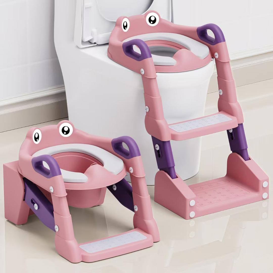 Potty Training Seat, Toddler Potty Training Toilet, Upgrade 2 In 1 Toddler Toilet Seat with Steps Stool Splash Guard and Anti-Slip Pad Soft Cushion, Potty Seats for Toddlers Baby Kids (Pink)