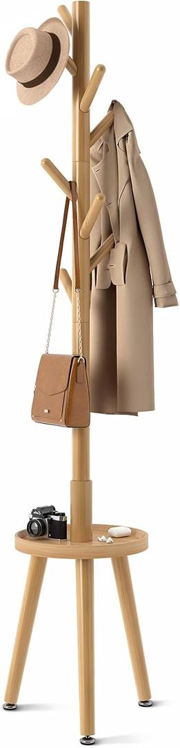 GREENSTELL Coat Rack with 8 Hooks, Wooden Coat Rack Freestanding with Shelf, Coat Tree with 4 Height Options 50.5"-72.6", Coat Hanger Stand for Bags, Clothes, Umbrellas, Hats, in Home, Natural