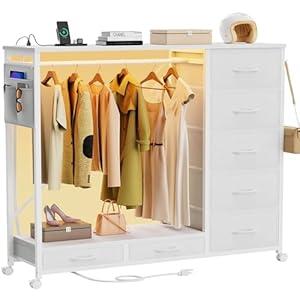 SZLHANJZ Dresser with Hanging Rack, Dresser for Bedroom with Led Lights and Charging Station, 7 Drawers Storage Chest with Hooks and Clothes Rack, Nursery White