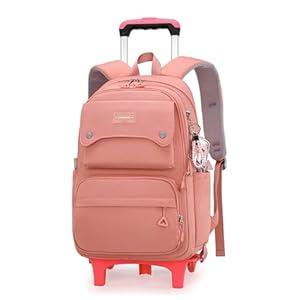 Solid Color Girls Rolling Backpack with Wheels Schoolbag Elementary School Student Trolley Daypack