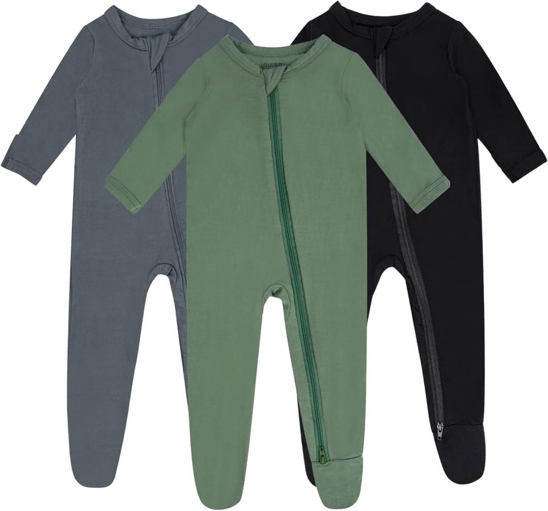 Baby Boy Footed Pajamas with Mittens,Rayon Made from Bamboo Sleepers, 2 Way Zipper Long Sleeve Pjs (12-18 Months, Sliver-green-black)